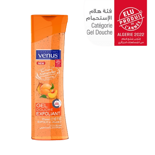 Photo du Gel Douche Exfoliant Poudres De Noyau D'Abricot & Pèche des Laboratoires Venus - Bouteille de 240 ml